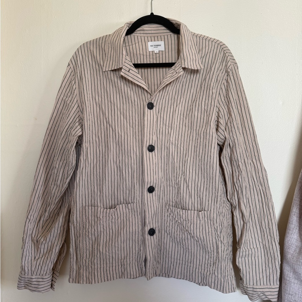 Sezane Octobre Striped Button-Up Shirt Jacket
